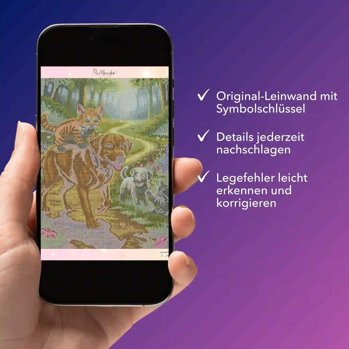 Digitale Diamond Painting Bildmappe Waldspaziergang mit Hunde-Motiv auf Smartphone zur Hilfe für Diamanten Painting Sets