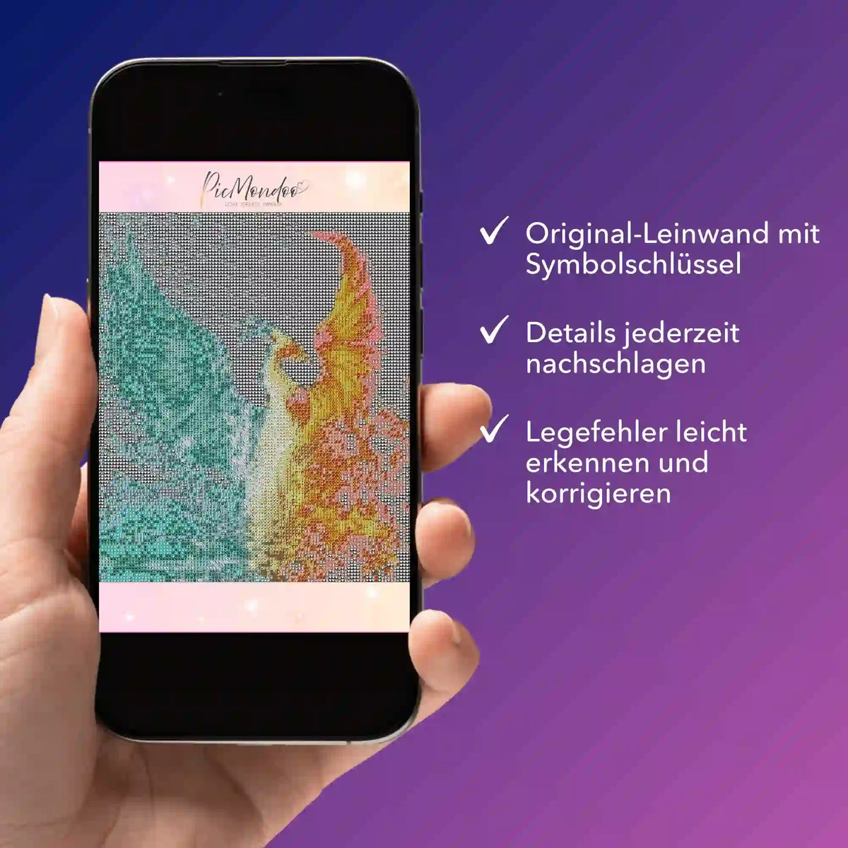 Digitale Diamond Painting Bildmappe als PDF mit Phönix Motiv auf Smartphone für einfache Korrektur von Legefehlern.