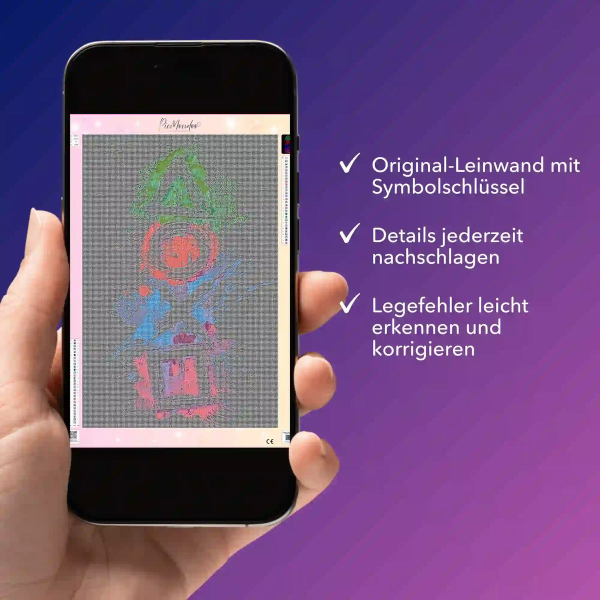 Digitale Diamond Painting Bildmappe auf Smartphone zur Kontrolle der Leinwand-Symbole für Play the Game Design.