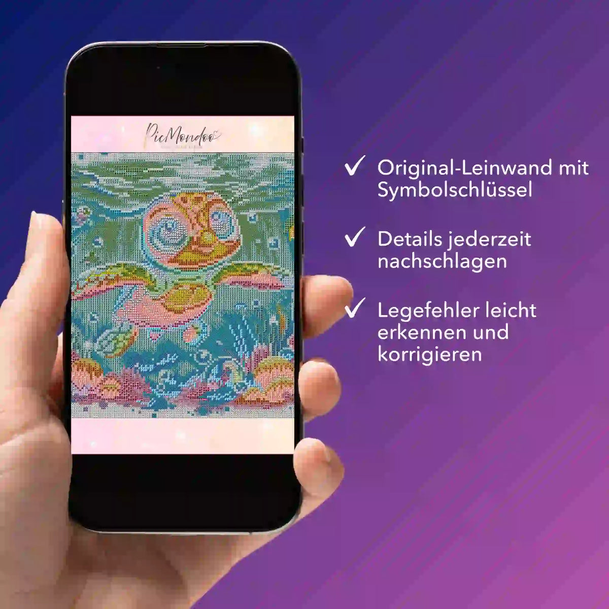 Digitale Diamond Painting Bildmappe für das Motiv Lotta, die kleine Meeresschildkröte auf einem Smartphone präsentiert.