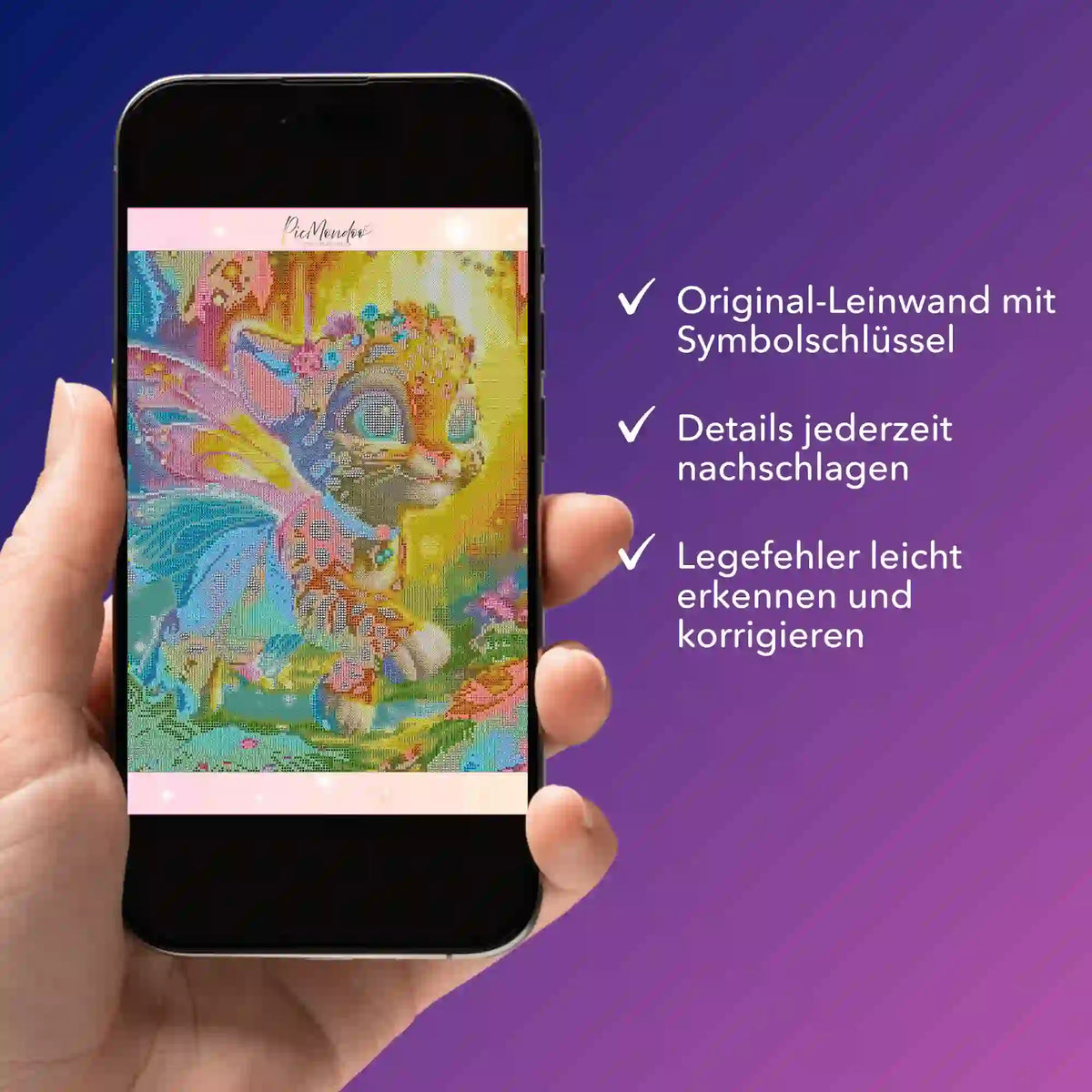 Digitale Bildmappe für Diamond Painting Motiv Finja die kleine Tigerfee auf einem Smartphone-Display angezeigt