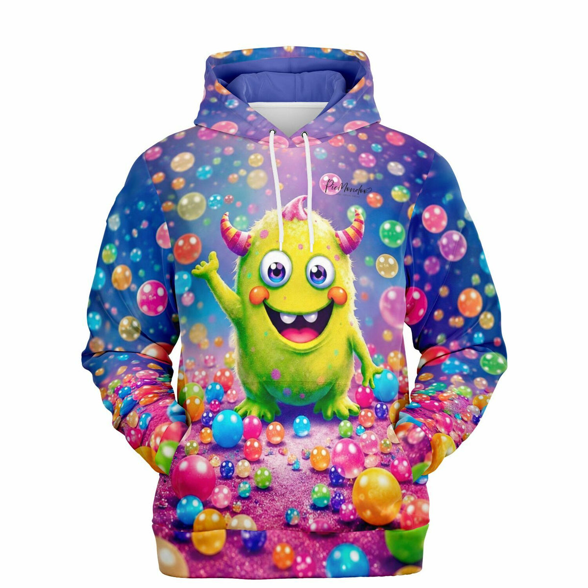 Hoodie mit buntem Monster-Design und leuchtenden Kugeln, passend zum verspielten Stil von Diamond Painting Motiven