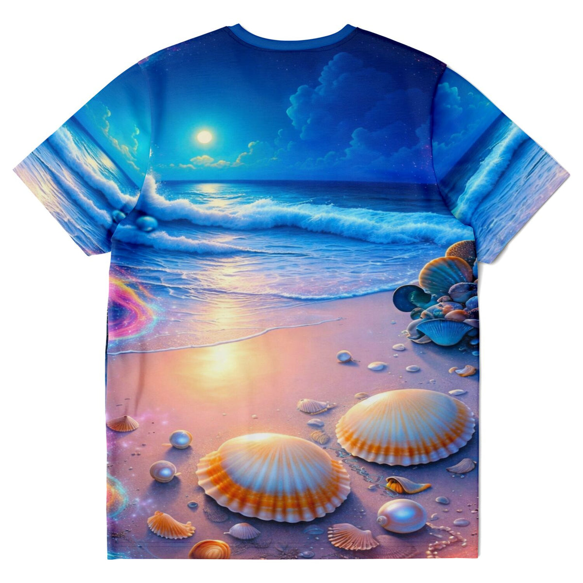 T-Shirt mit Strand bei Nacht Motiv, das an ein Malen nach Zahlen oder Diamond Painting Design erinnert.