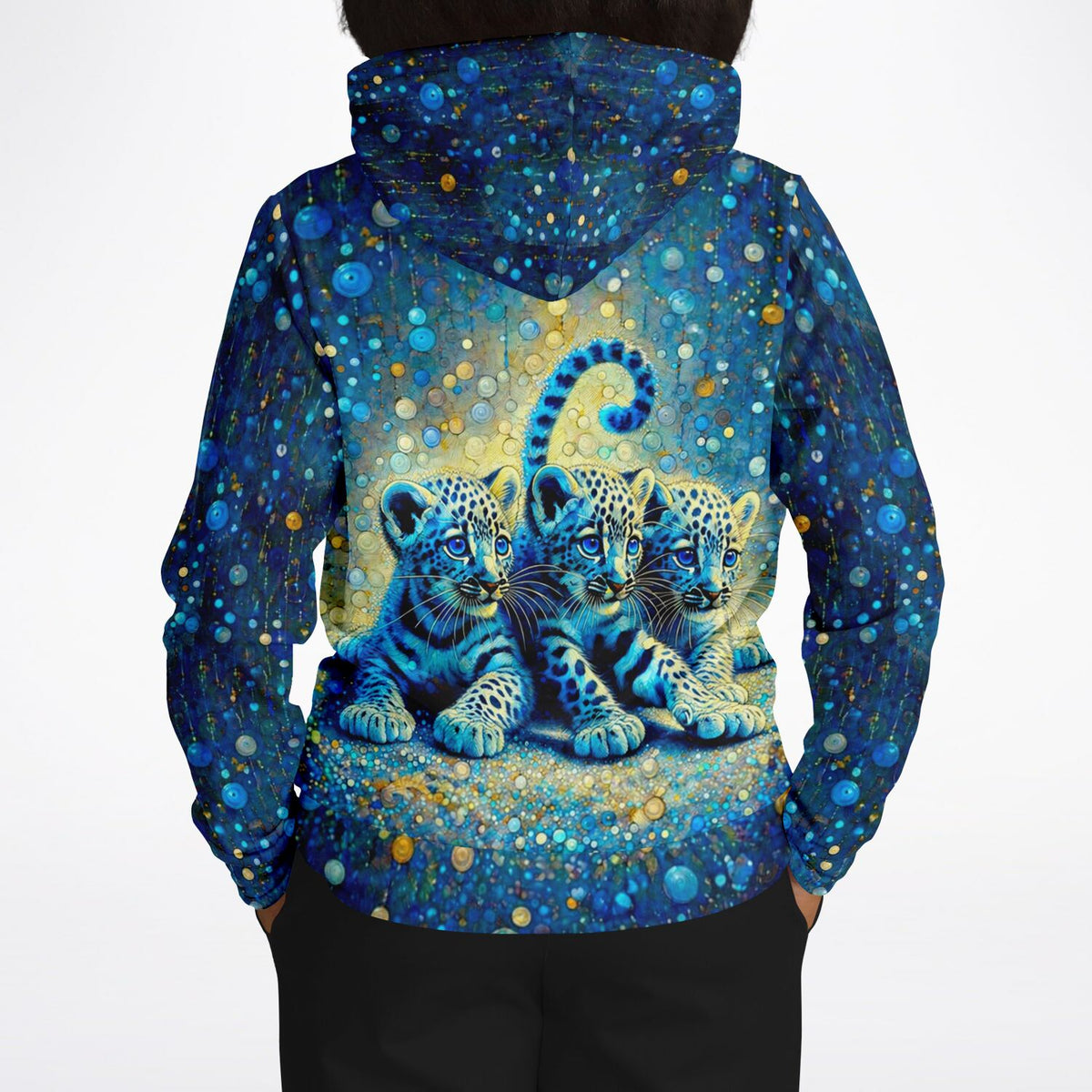 Hoodie mit Leopardenbabys im Diamond-Painting-Stil in leuchtenden Blautönen für Fans kreativer Kunstwerke