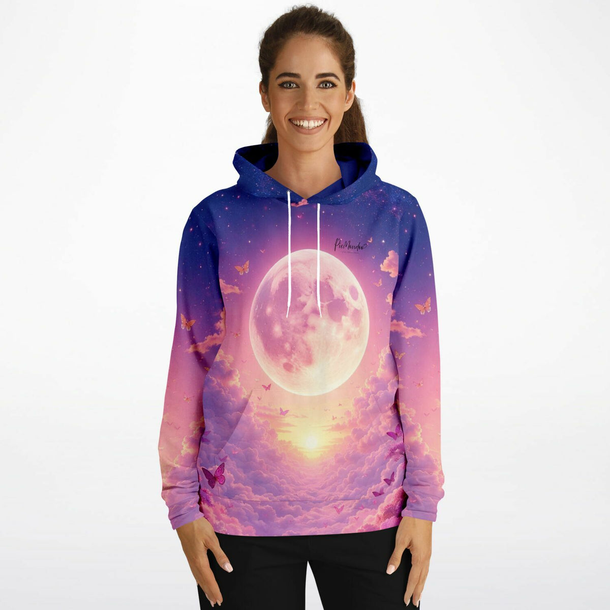 Dreamer Hoodie Wolkenreich mit Vollmond und Schmetterlingen im Galaxy-Design für Fans von kreativen DIY-Motiven