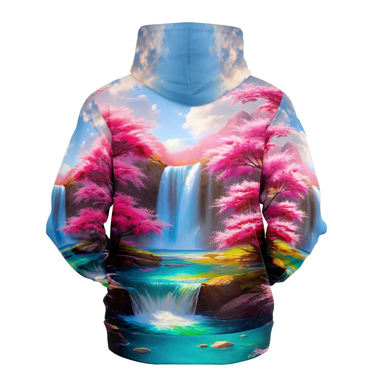 Dreamer Hoodie mit Kirschblüten und Wasserfall Motiv, ideal für Fans von Malen nach Zahlen und Diamond Painting Kunst