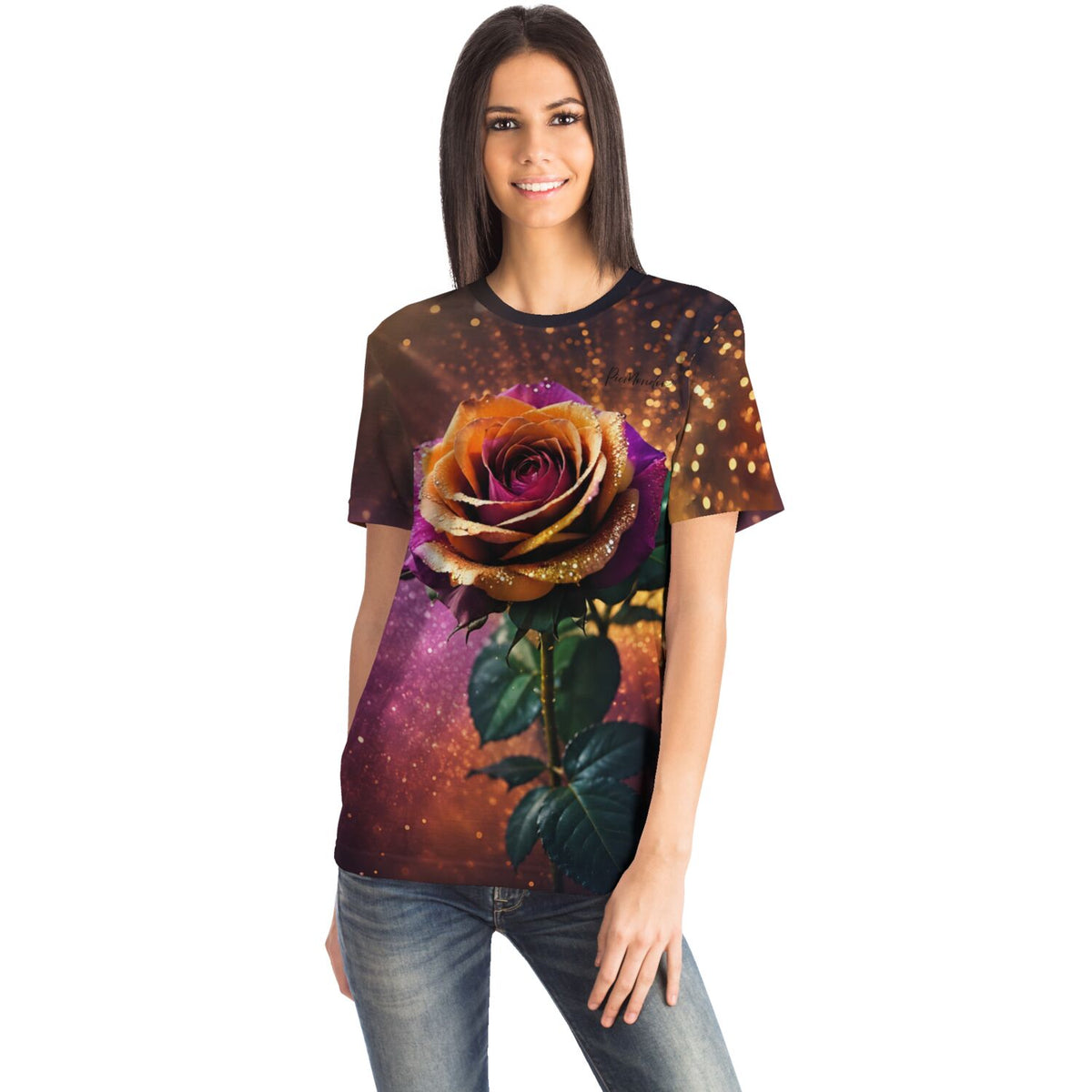 Frau trägt ein T-Shirt mit farbenfrohem Rosen-Motiv im Stil unserer Diamond Painting und Malen nach Zahlen Kunstwerke