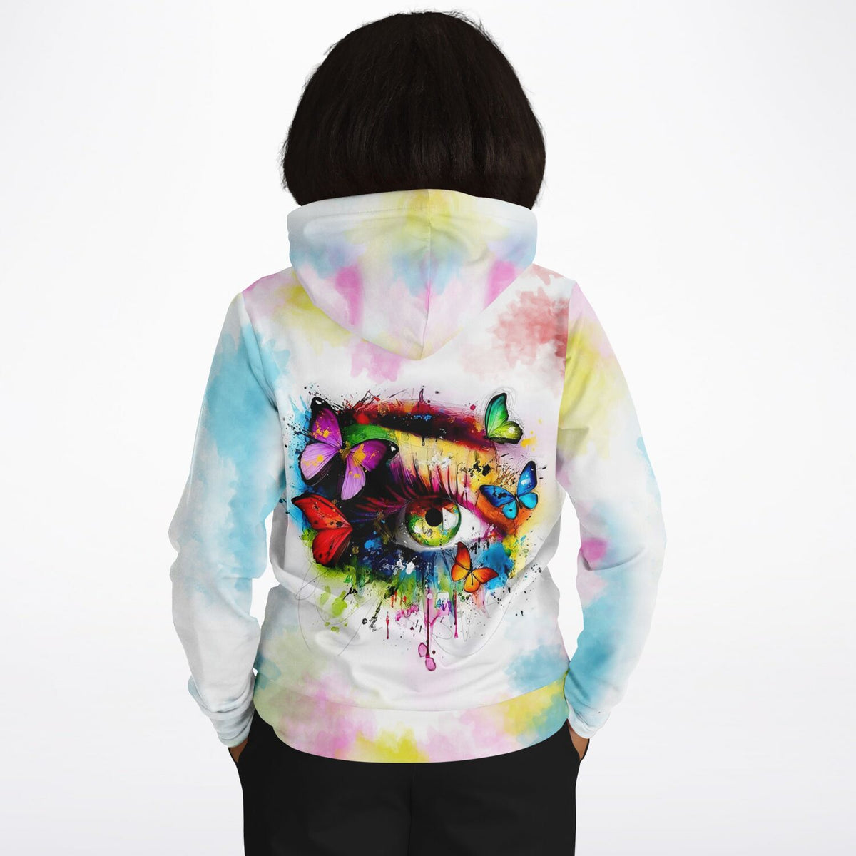 Hoodie mit buntem Eye of Butterflies Motiv im Stil von Diamond Painting und Malen nach Zahlen Kunstwerken