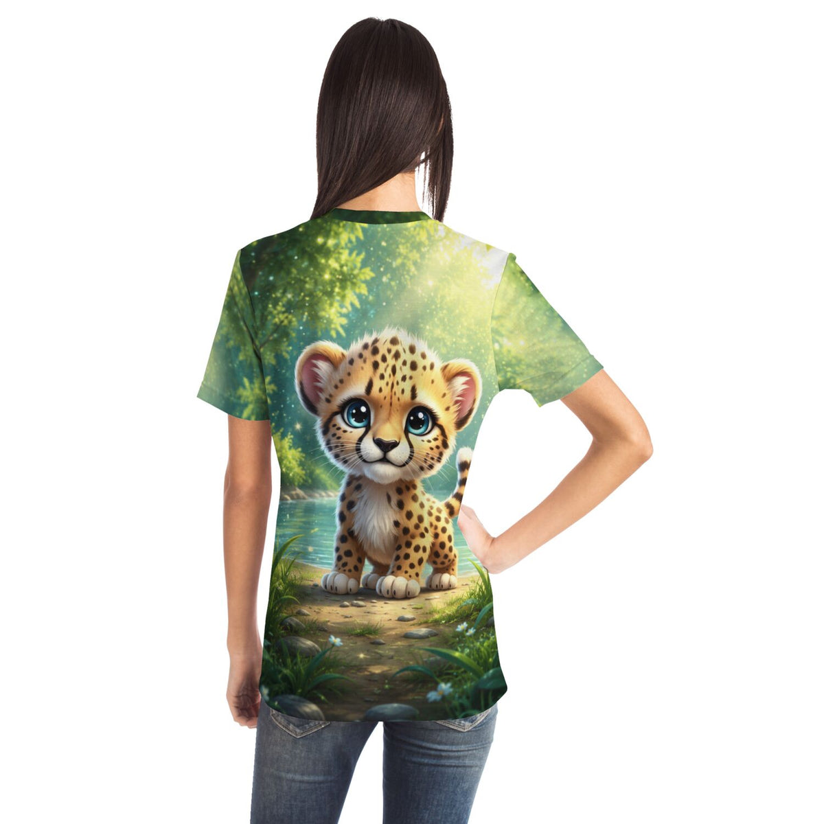 T-Shirt mit süßem Geparden-Motiv in Wald-Kulisse, perfekt für Fans von Diamond Painting und Malen nach Zahlen