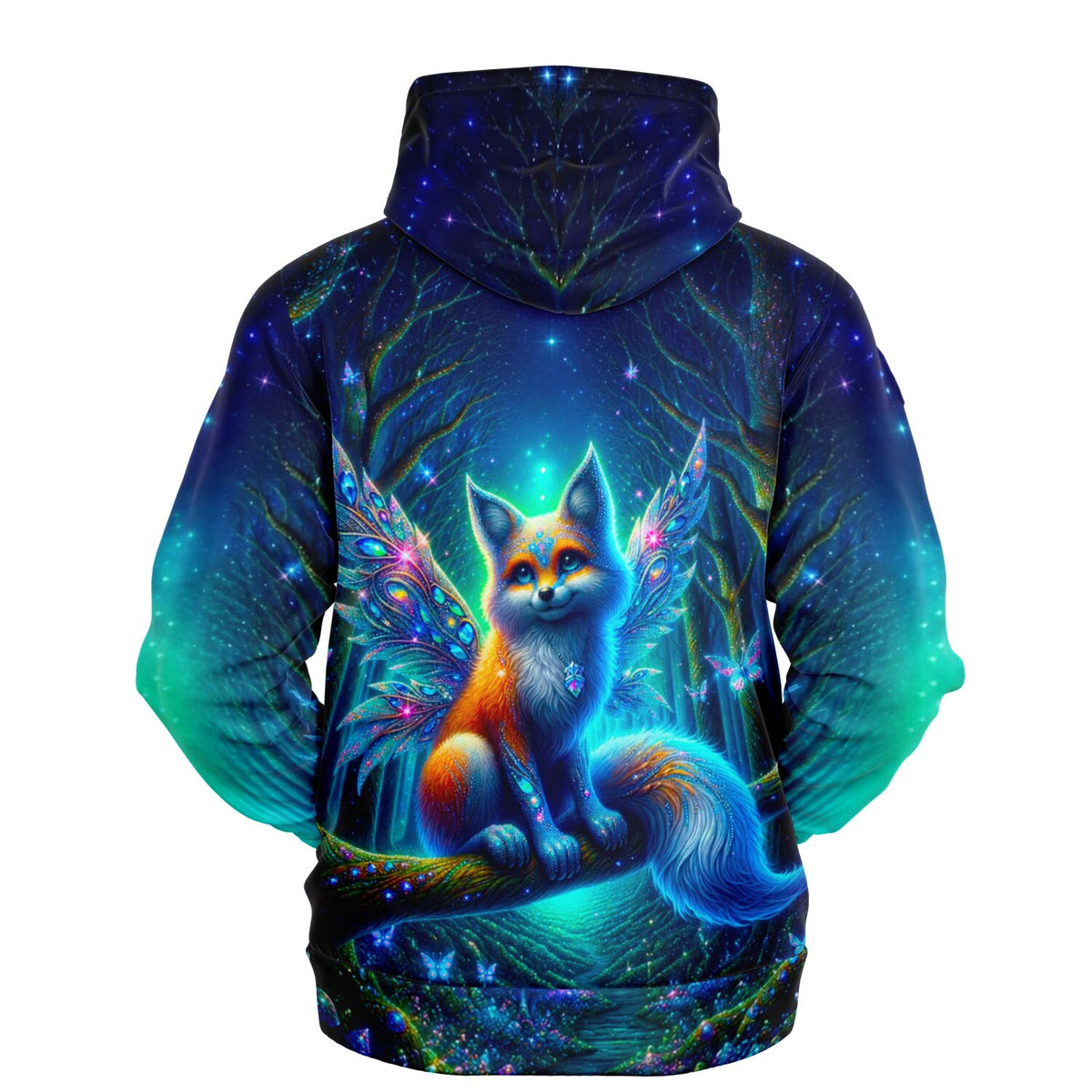 Dreamer Hoodie mit magischem Fuchs-Motiv, inspiriert von Diamond Painting Kunst in leuchtenden Farben auf dunklem Hintergrund