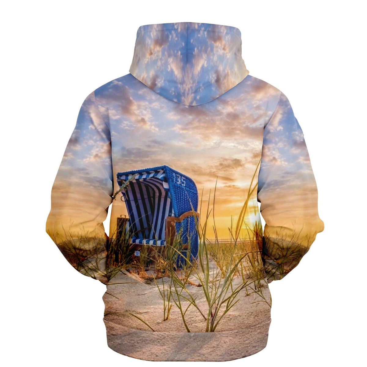 Dreamer Hoodie mit Strandkorb-Motiv, Strand-Dünenszene bei Sonnenuntergang für Malen nach Zahlen Fans
