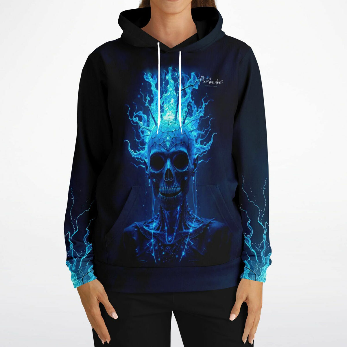 Schwarzer Picmondoo Hoodie mit leuchtendem Totenkopf-Motiv in blauem Feuer-Design und artistischem Allover-Print
