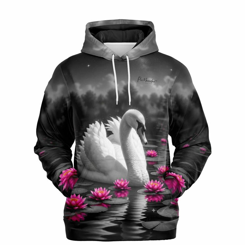 Dreamer Hoodie mit Schwan im Seerosensee Motiv, passend im Stil zu Diamond Painting und Malen nach Zahlen für Erwachsene.
