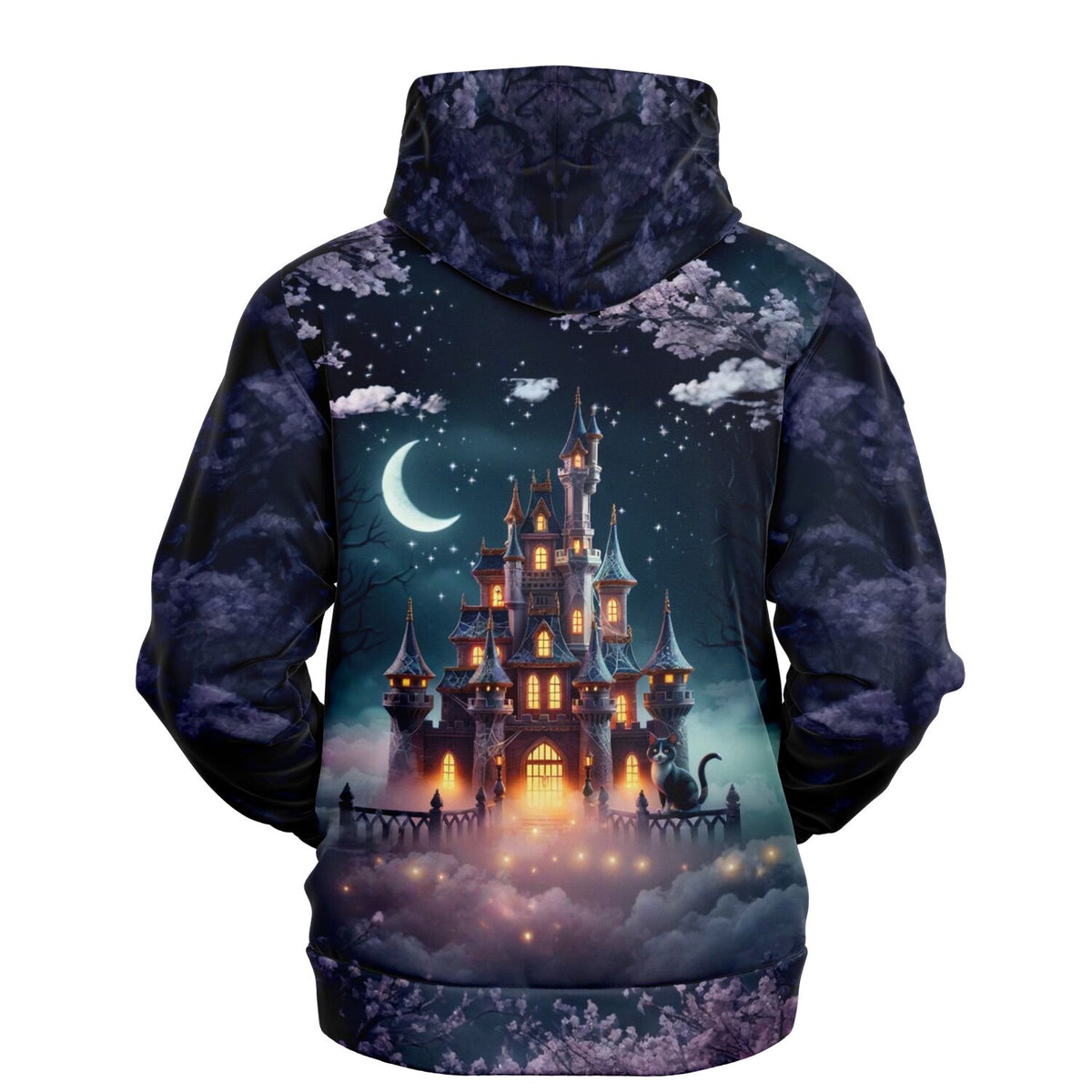Dreamer Hoodie mit Nachtschloss Motiv, Sternenhimmel, Mondsichel und Katze als hochwertiger Kunstdruck für Fans