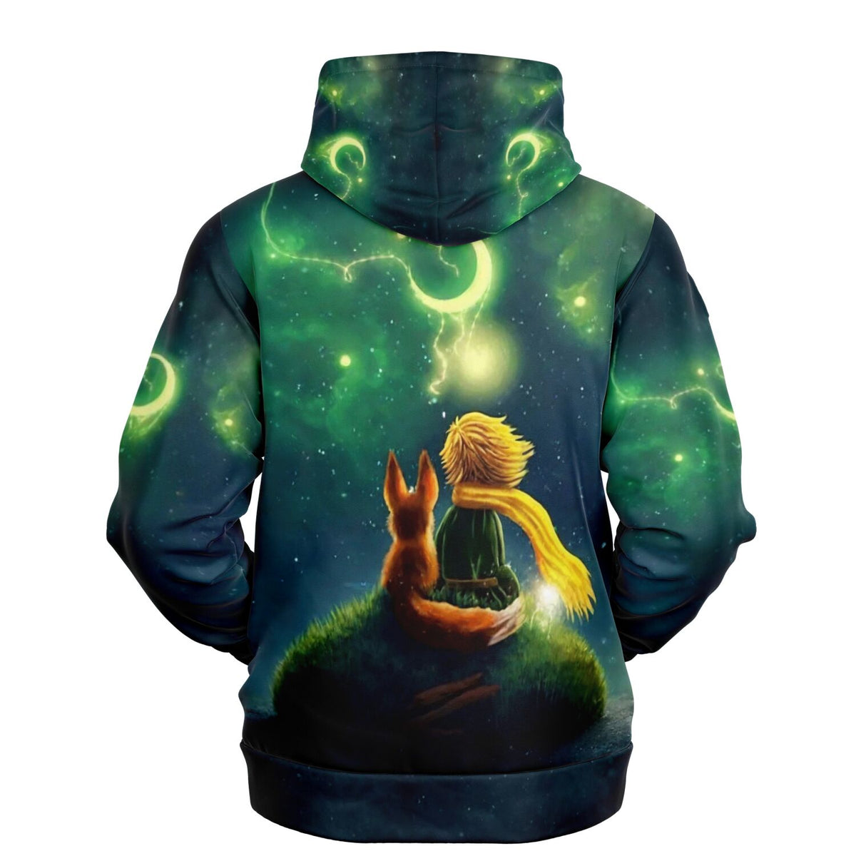Dreamer Hoodie mit Leuchtbild-Motiv: Der kleine Prinz mit Fuchs unter grünem Sternenhimmel für Diamond Painting Fans.