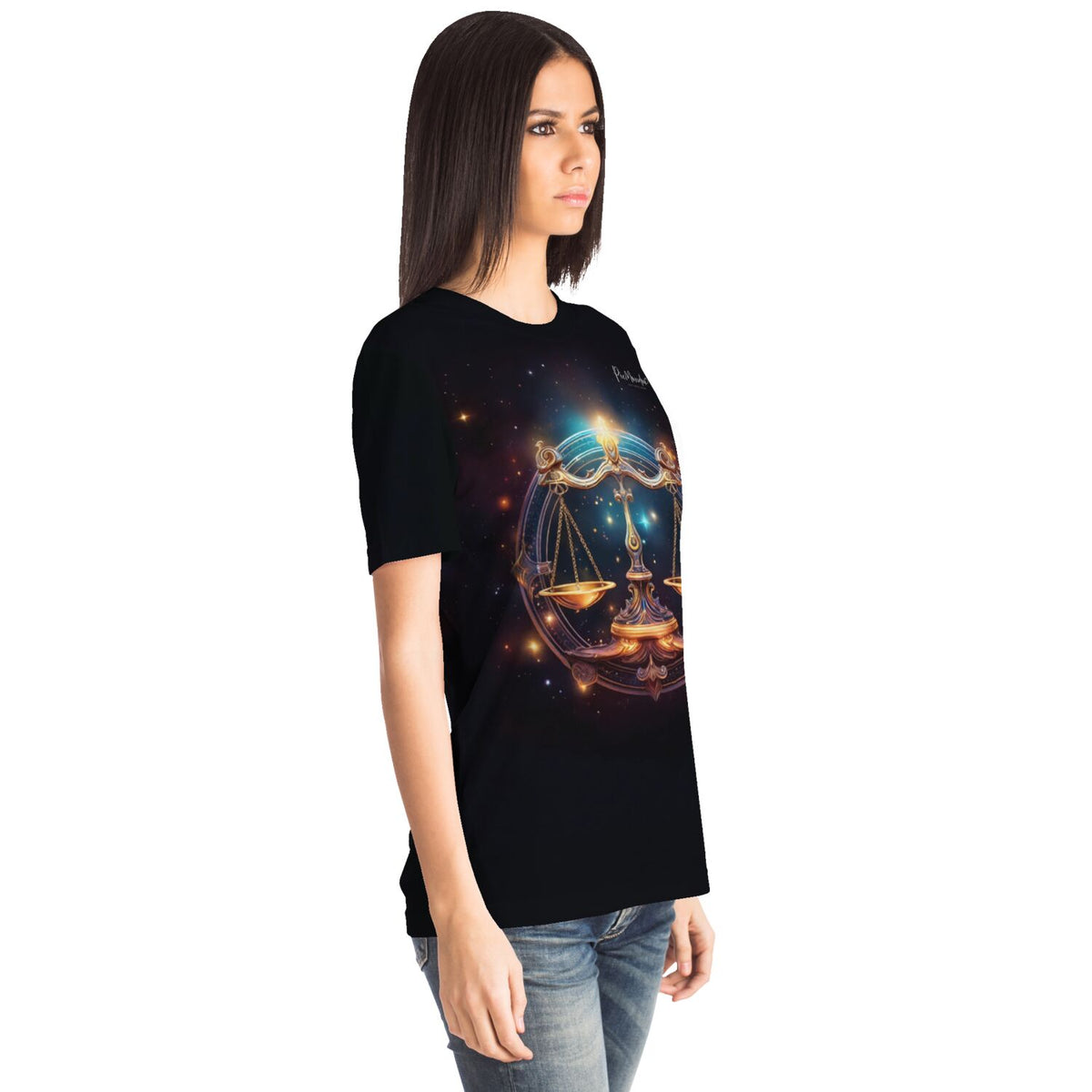 Schwarzes T-Shirt mit leuchtendem Sternzeichen Waage Motiv – ideal für Fans von Diamond Painting und kreativen Designs.