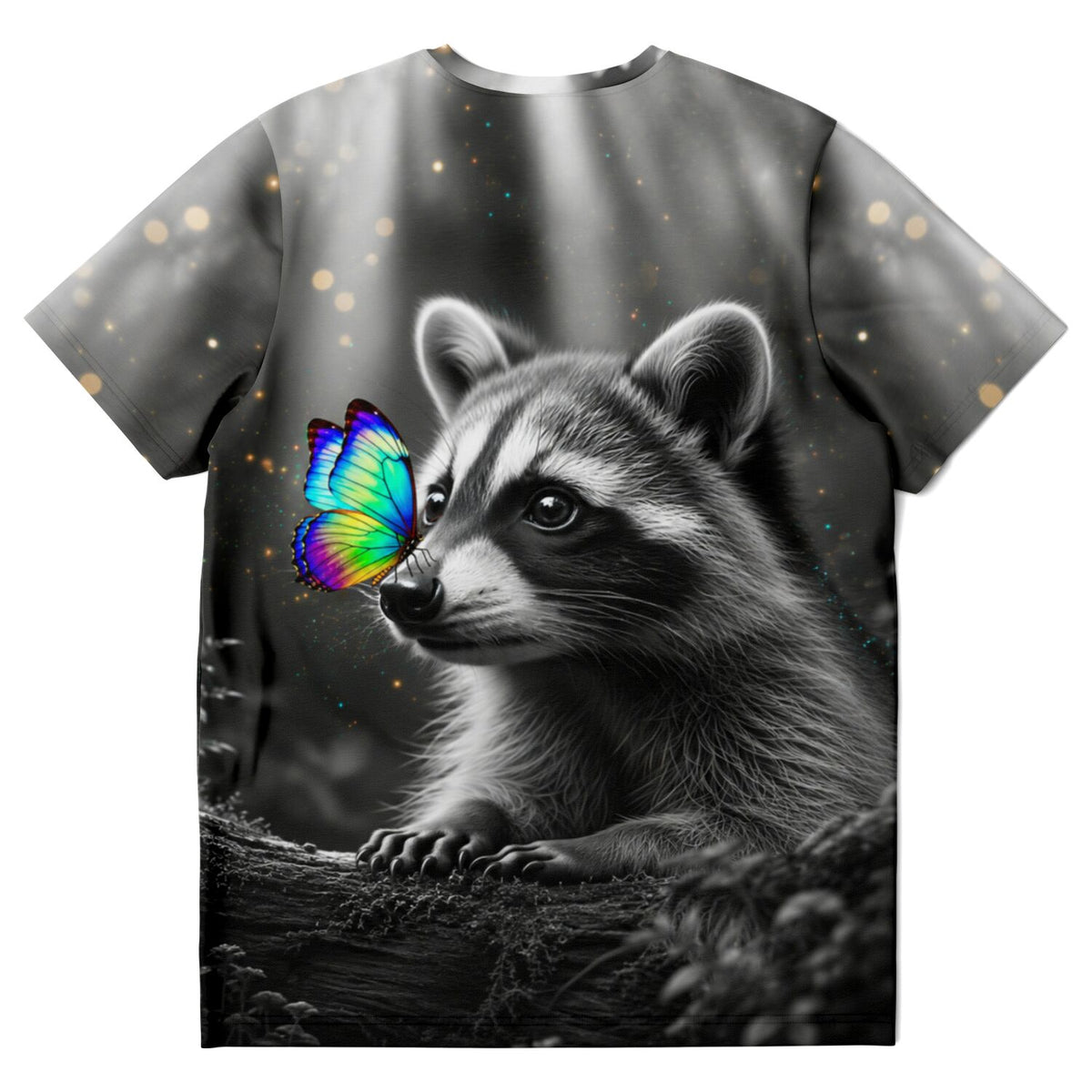 T-Shirt mit Waschbär und buntem Regenbogen-Schmetterling als Motiv, ideal für Fans von Diamond Painting und Kunst