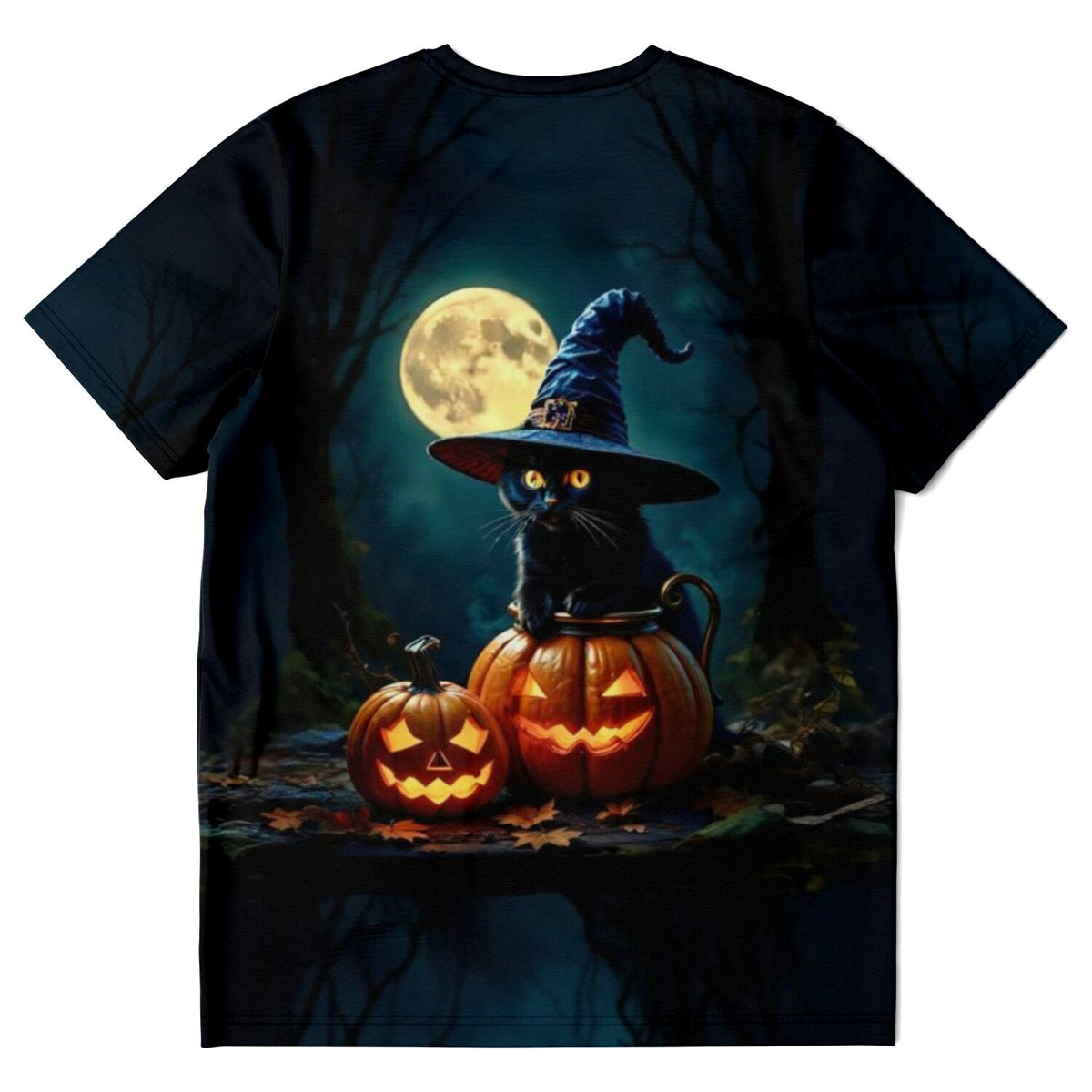 Schwarzes T-Shirt mit Wizard Cat Motiv, Halloween Kürbis und Vollmond, ideal für Fans von Diamond Painting und Kunst
