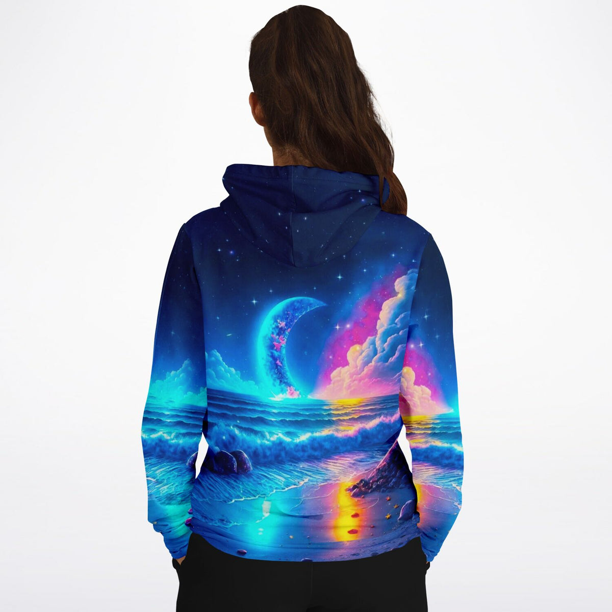 Dreamer Hoodie mit farbenfrohem Strand im Mondschein Print, passend zu ästhetischen Diamond Painting und Bastel-Designs