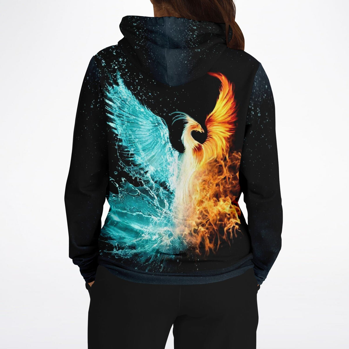 Schwarzer Hoodie mit Phönix-Motiv aus Feuer und Wasser, ideal für Kunst-Fans von Malen nach Zahlen und Diamond Painting