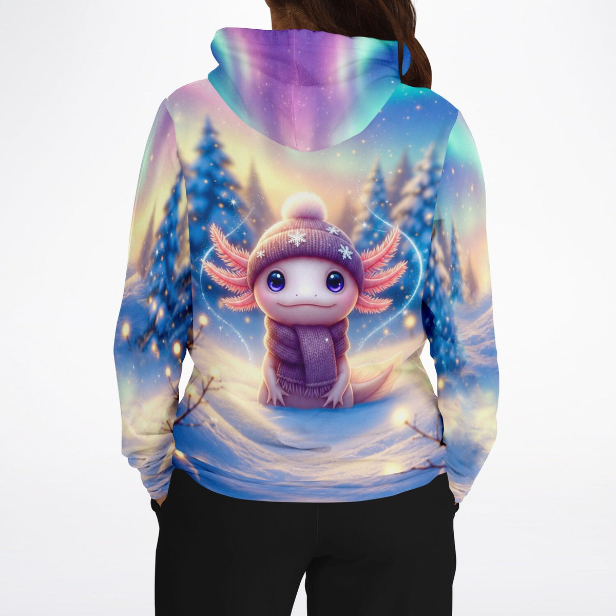 Hoodie mit süßem Axolotl im Winter-Motiv vor Nordlichtern, ideal für Fans von Diamond Painting und Kunst im DIY-Stil.