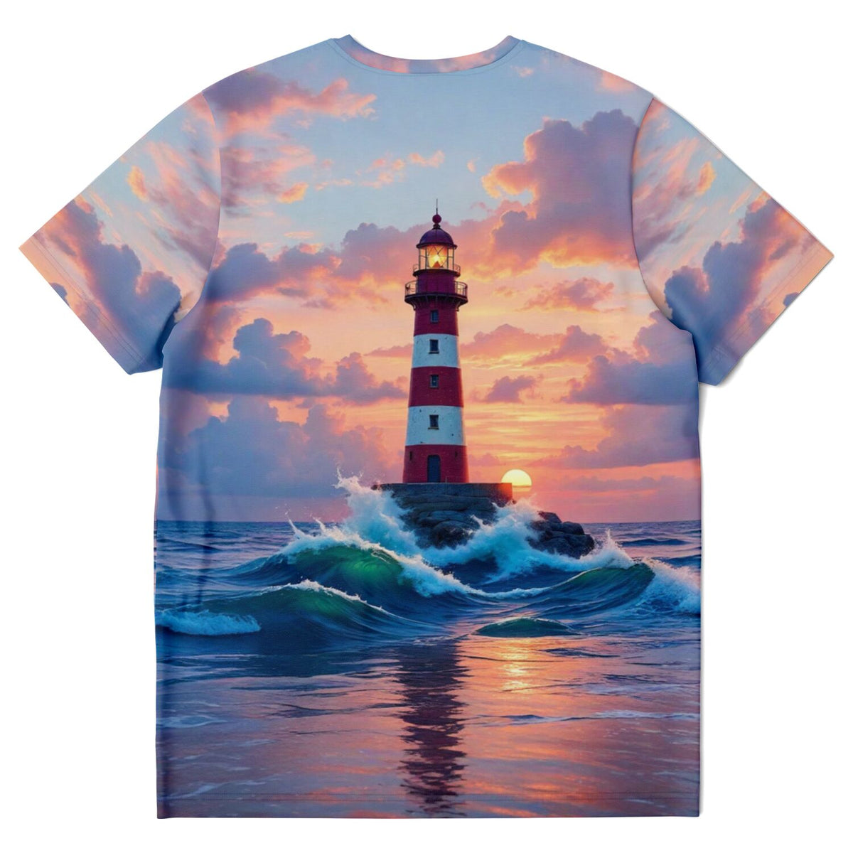 Dreamer T-Shirt mit Leuchtturm-Motiv im Sonnenuntergang, passend zum künstlerischen Stil von Diamond Painting.
