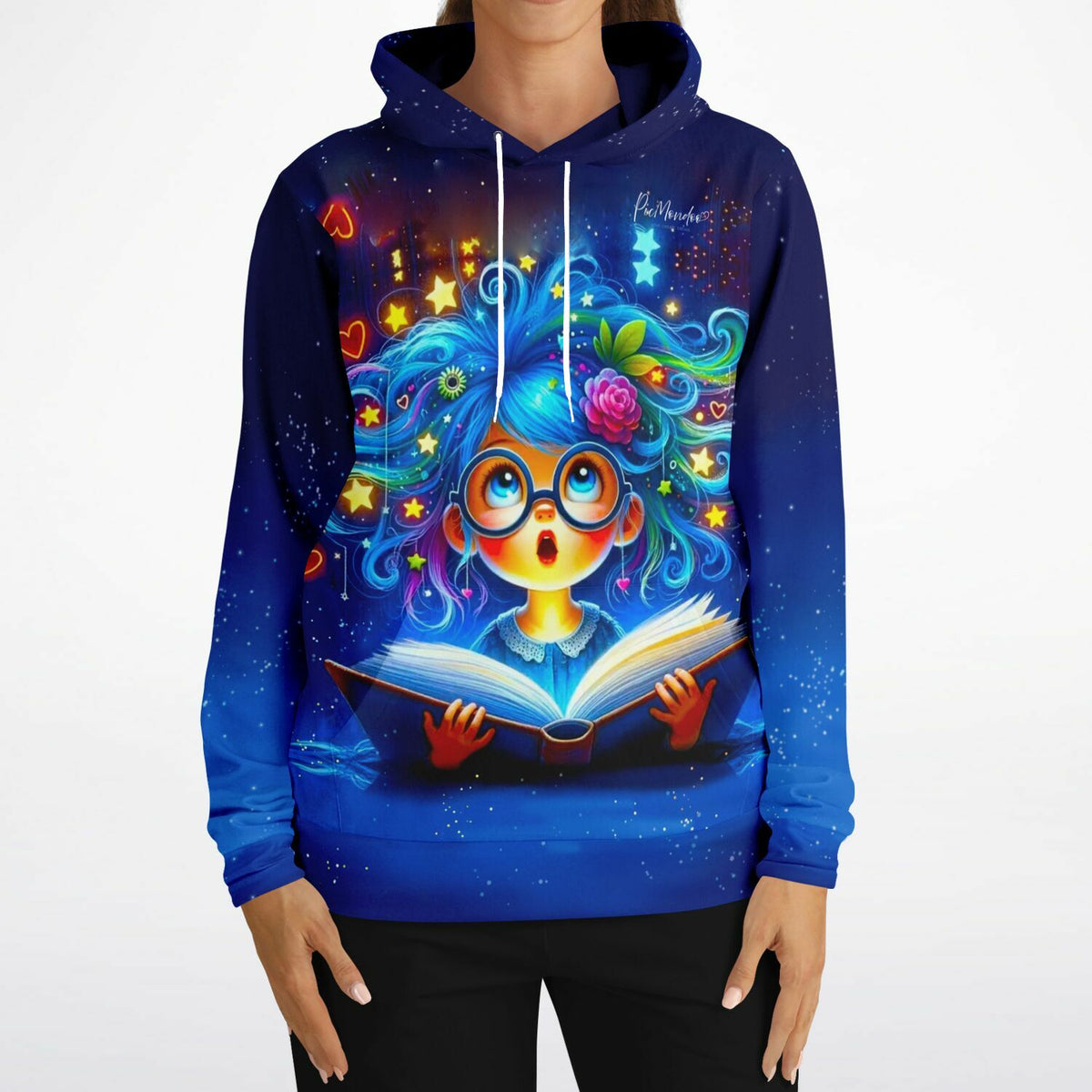 Dreamer Hoodie mit Lesemaus Josephine Motiv in leuchtenden Farben, ideal für Fans von Diamond Painting und Kunst.