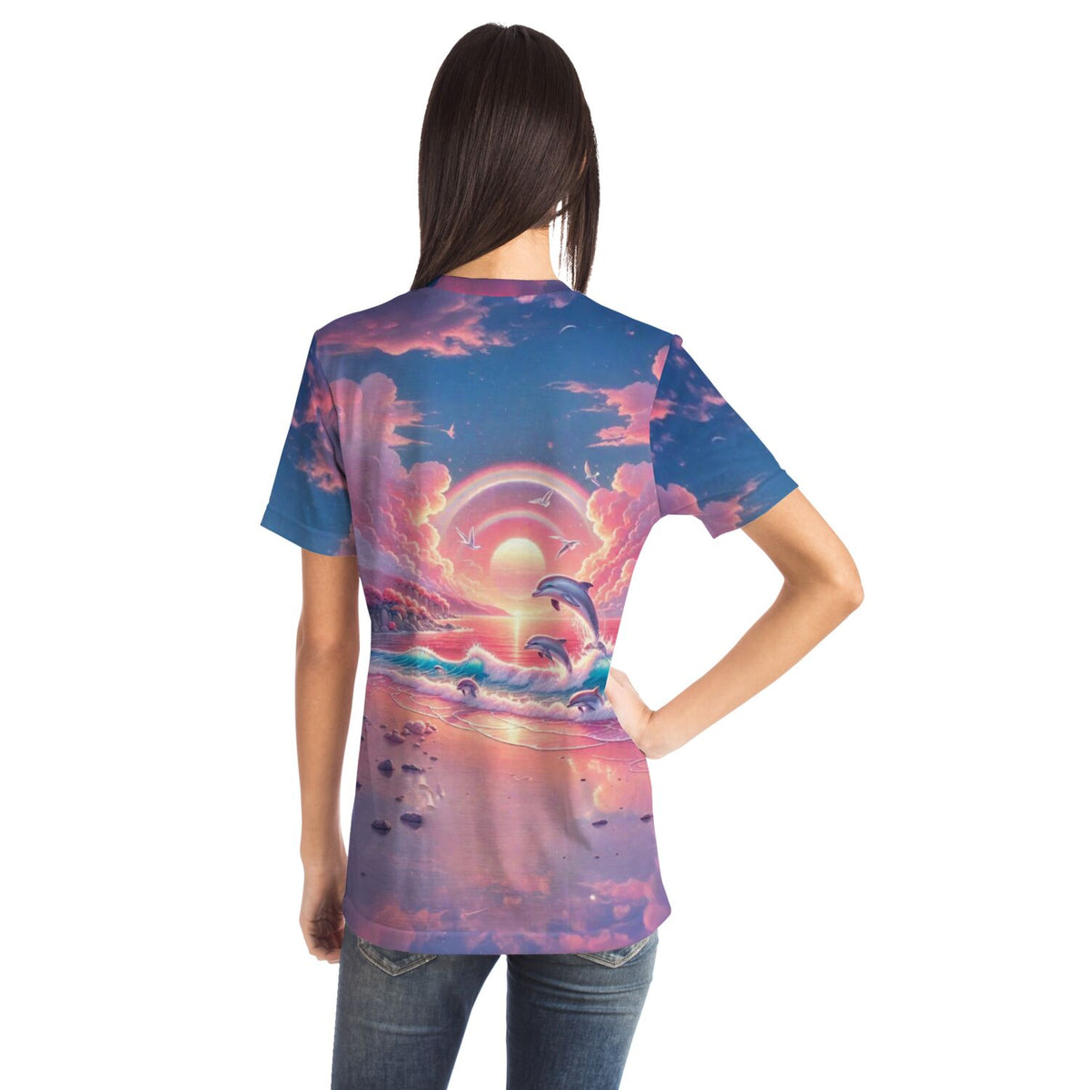T-Shirt mit Pinkes Meeresrauschen Motiv und Delfinen, stylisch wie ein Diamond Painting oder Malen nach Zahlen Kunstwerk