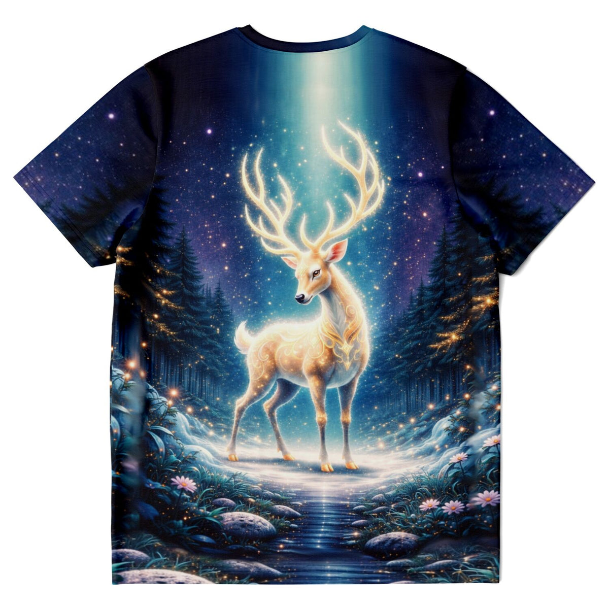 T-Shirt mit Hirsch-Motiv im magischen Wald, inspiriert von Diamond Painting Ästhetik und Malen nach Zahlen Designs.