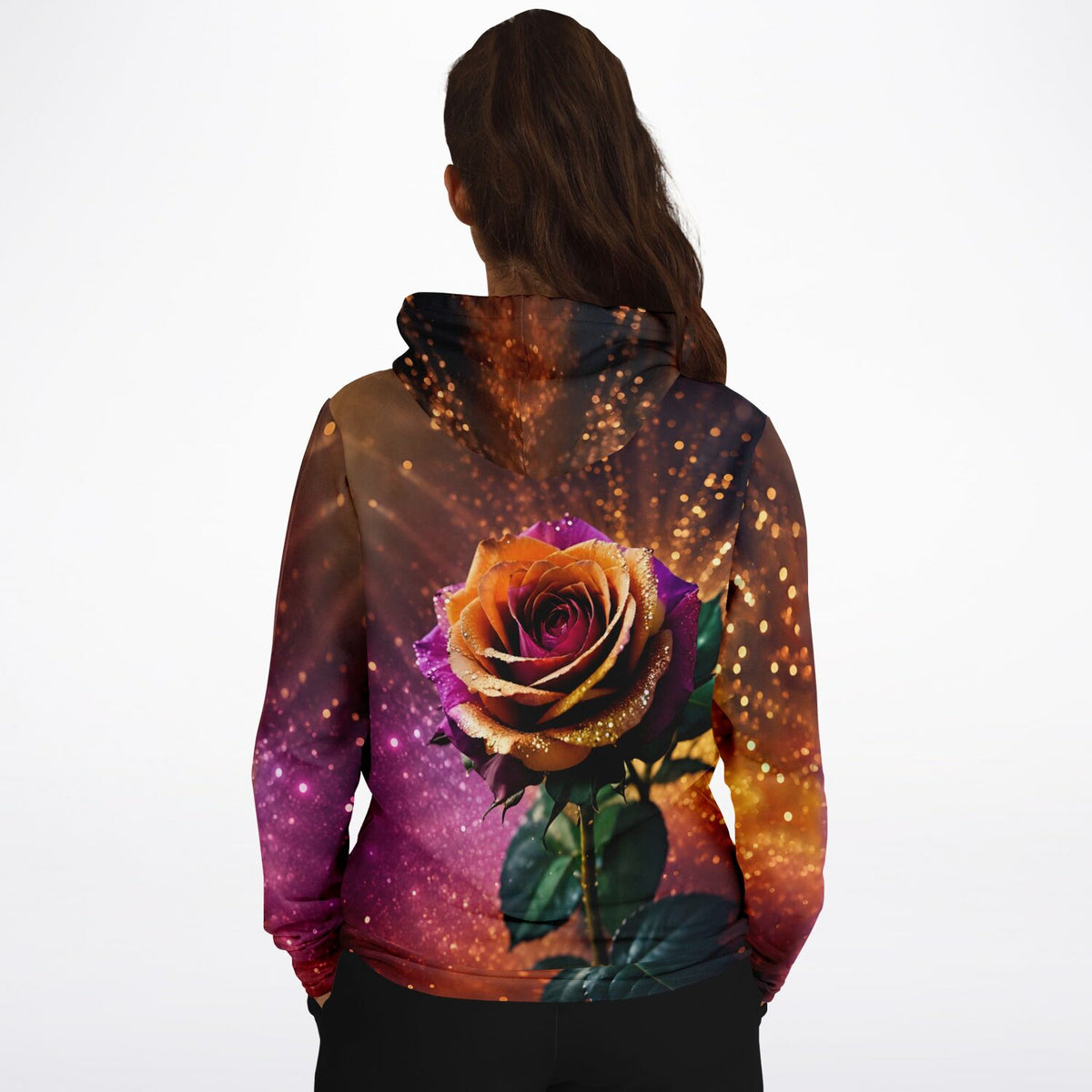 Dreamer Hoodie mit farbenfroher Rose und Glitzereffekt, inspiriert von Diamond Painting Motiven.