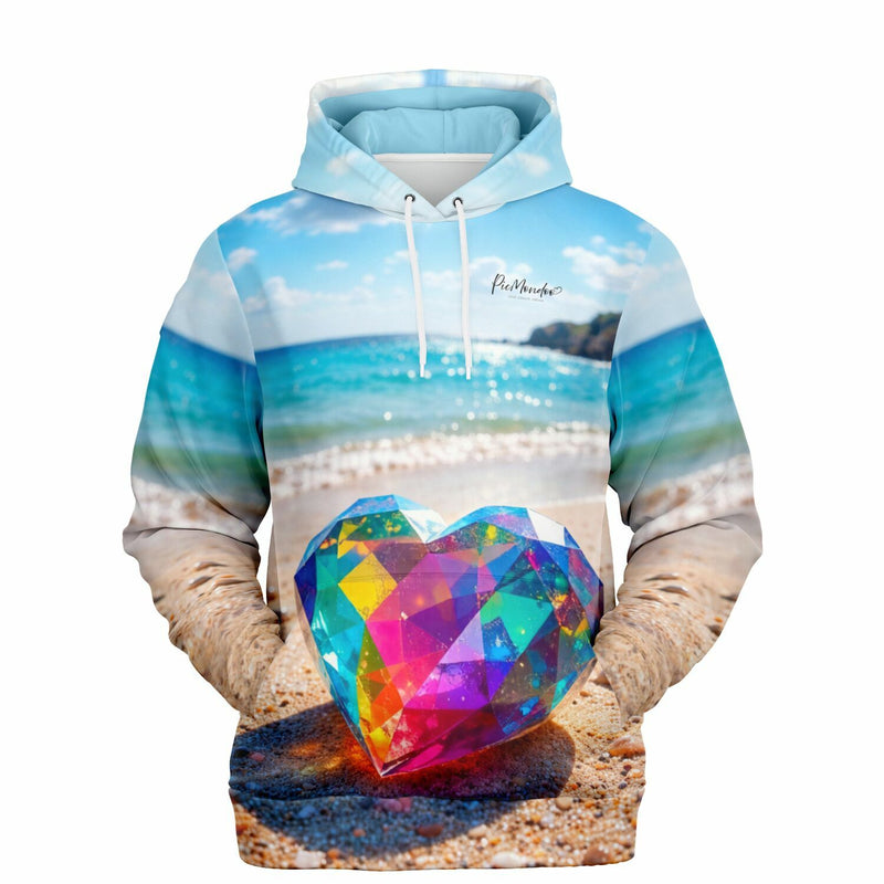 Dreamer Hoodie mit buntem Kristallherz-Motiv im Stil von Diamond Painting am Strand für kreative Fans
