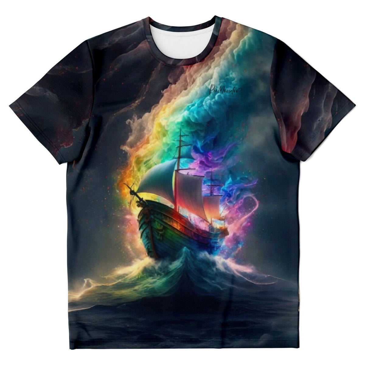 T-Shirt mit buntem Schiff-Motiv auf stürmischer See, inspiriert von Diamond Painting und Malen nach Zahlen Designs
