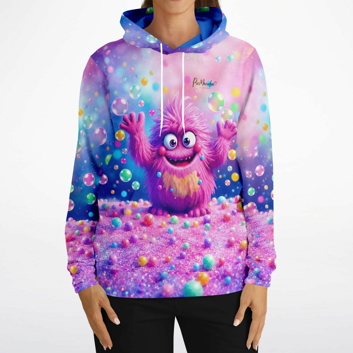 Bunter Picmondoo Dreamer Hoodie mit flauschigem Monster-Motiv und Seifenblasen im Stil von Diamond Painting Designs