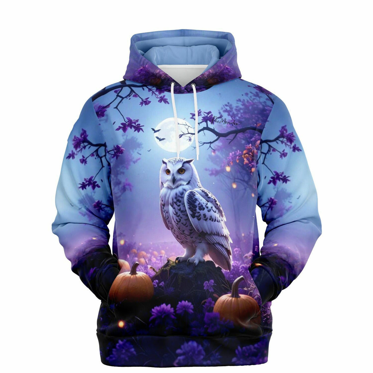 Dreamer Hoodie Nachtwächter mit Eulen-Motiv im Mondschein und Kürbissen, hochwertiger AOP-Druck in Lila-Blau-Tönen