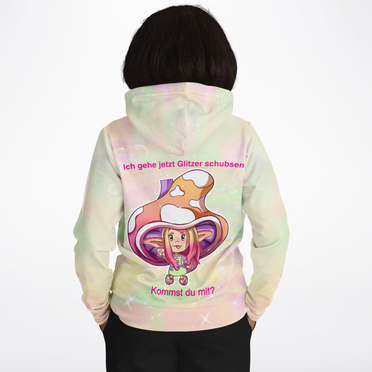 Dreamer Hoodie Moni Shroomi mit Pilz-Motiv und Schriftzug auf pastellfarbenem Allover-Print