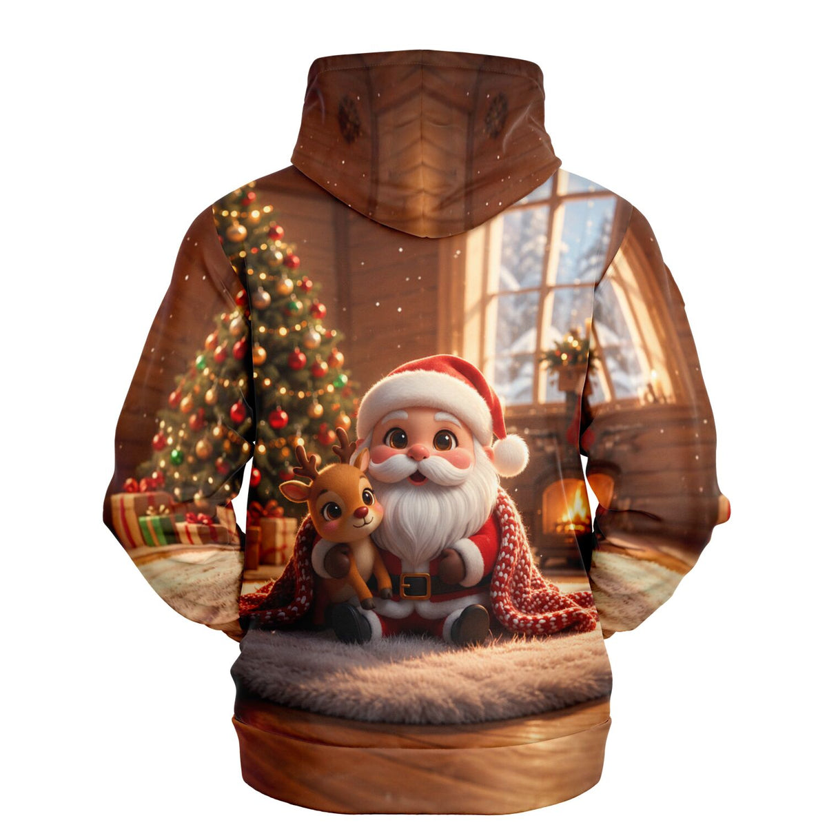 Kuscheliger Weihnachts-Hoodie mit weihnachtlichem Motiv: Weihnachtsmann und Rentier vor geschmücktem Tannenbaum.