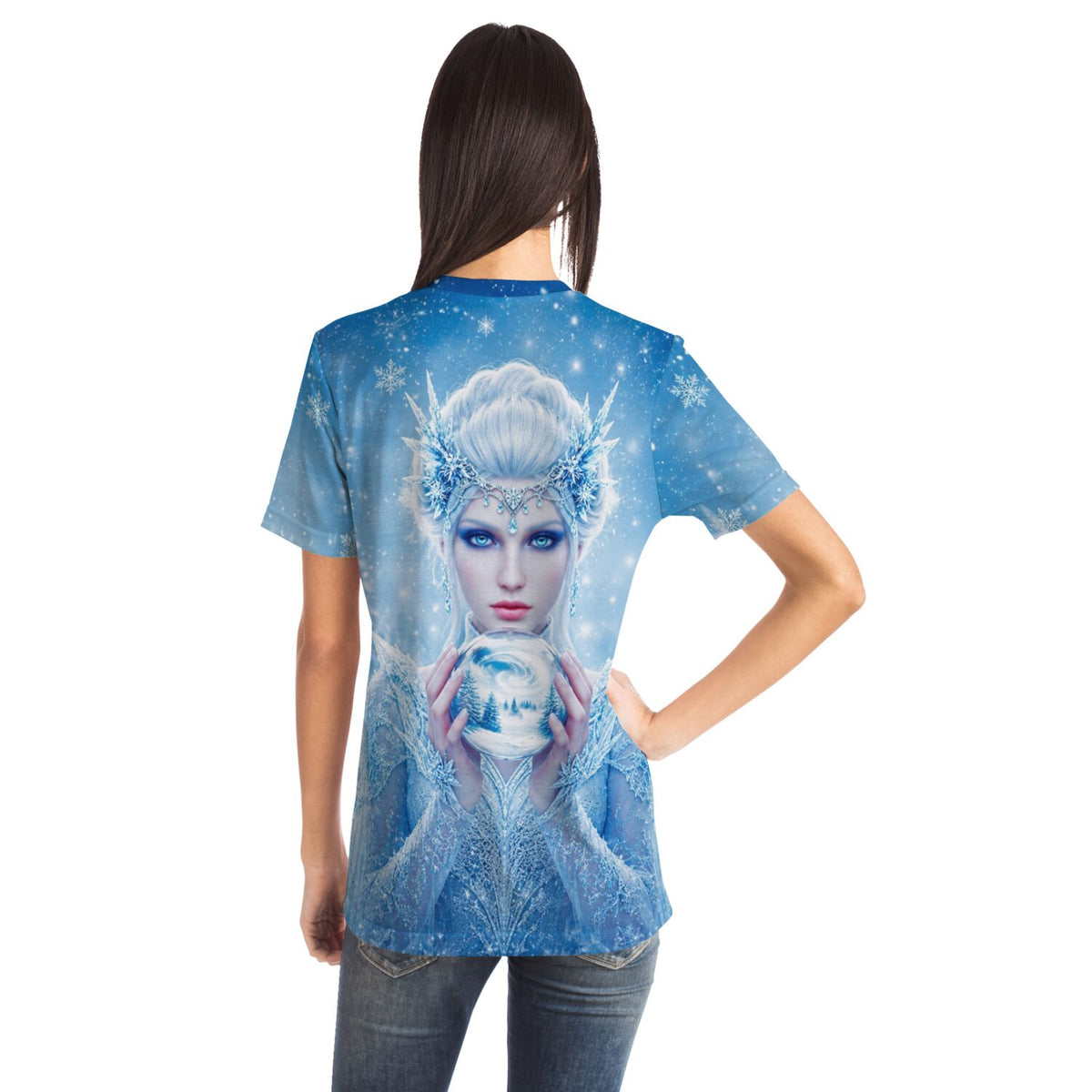Blaues T-Shirt mit Eiskönigin Motiv, ideal für Fans von Diamond Painting und kreativen DIY-Projekten.