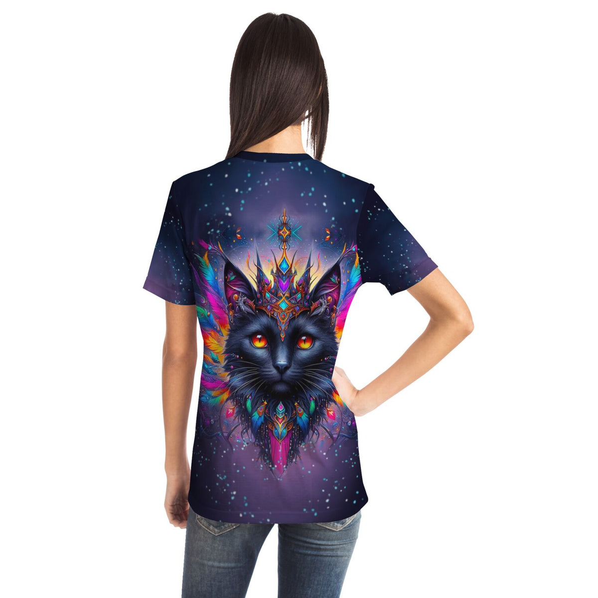 T-Shirt mit mystic colorsplash Katzen-Motiv in bunten Farben, perfekt für Fans von Malen nach Zahlen und Diamond Painting