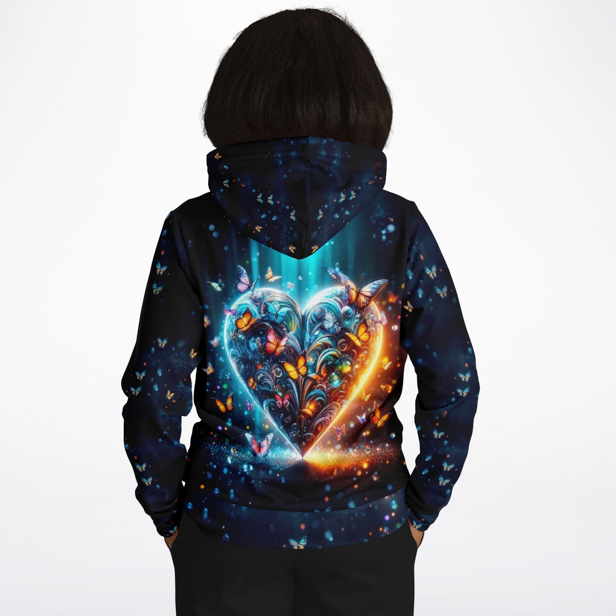 Schwarzer Hoodie mit leuchtendem Schmetterlingsherz-Motiv im Stil von Diamond Painting und Malen nach Zahlen Designs