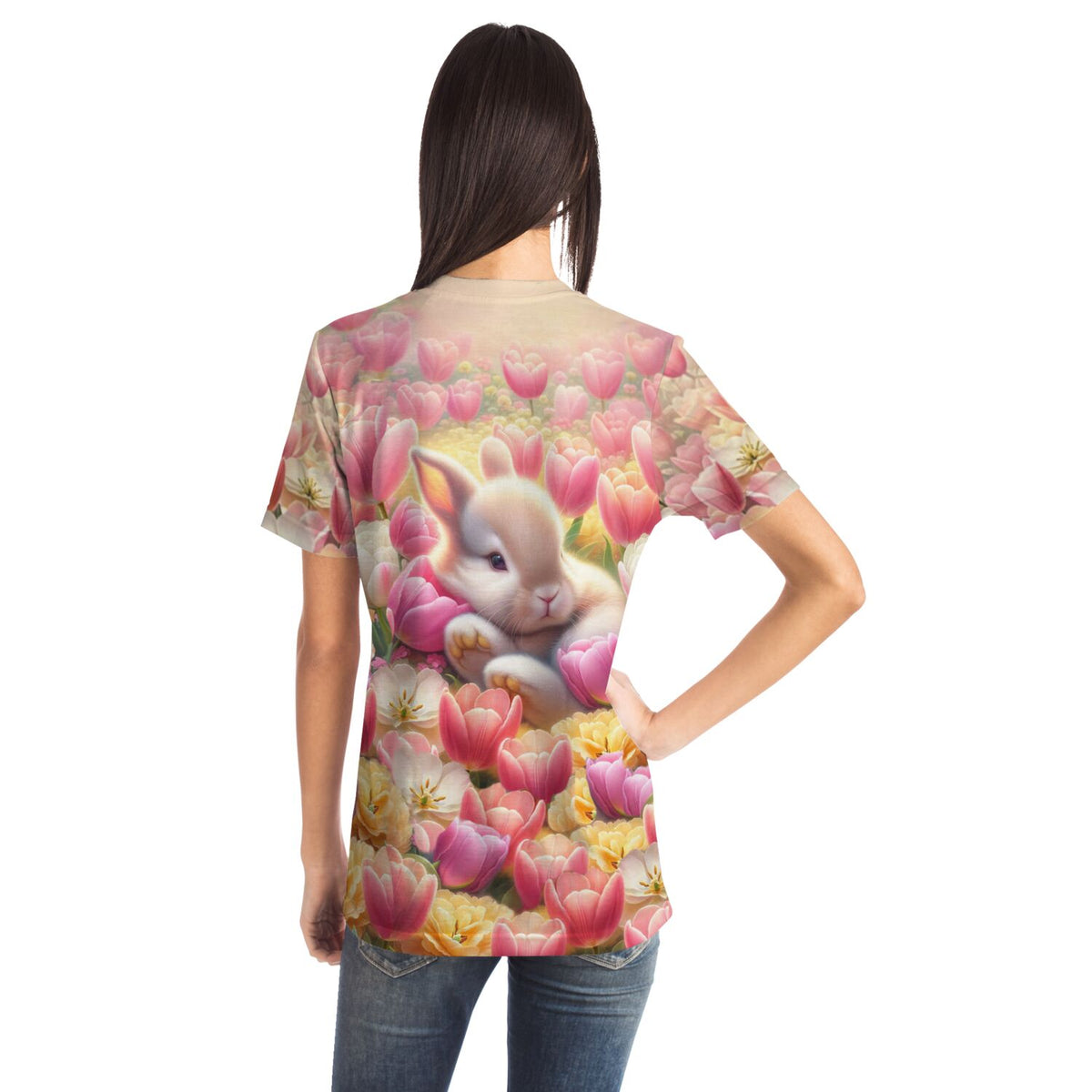 T-Shirt mit verträumtem Osterhäschen in Tulpenfeld, passend für kreative Kunst-Fans ähnlich wie Diamond Painting Motive.