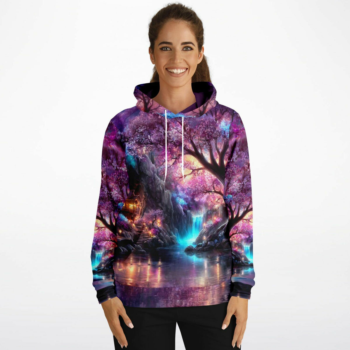 Frau trägt Dreamer Hoodie mit Sakura-Motiv im Stil von Diamond Painting und Malen nach Zahlen Kunstwerken
