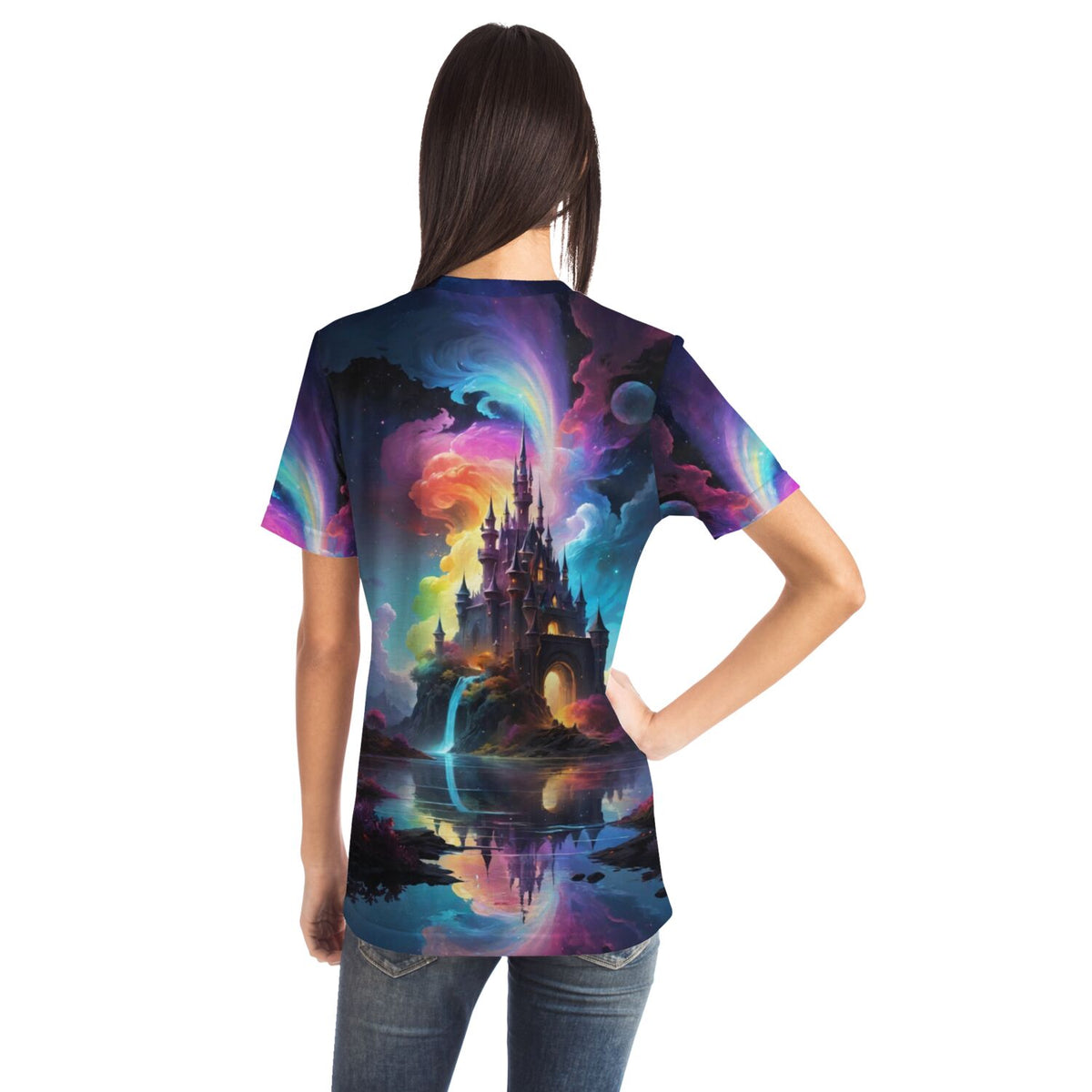 T-Shirt mit buntem Zauberschloss Motiv, perfekt für Fans von Malen nach Zahlen und kreativen Diamond Painting Designs.