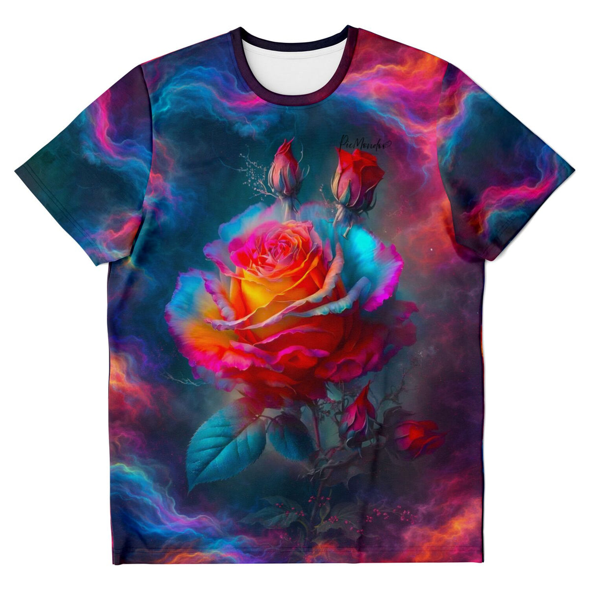 T-Shirt mit farbenfrohem Rosenblüten-Design auf kosmischem Hintergrund, im Stil eines Diamond Painting Motivs
