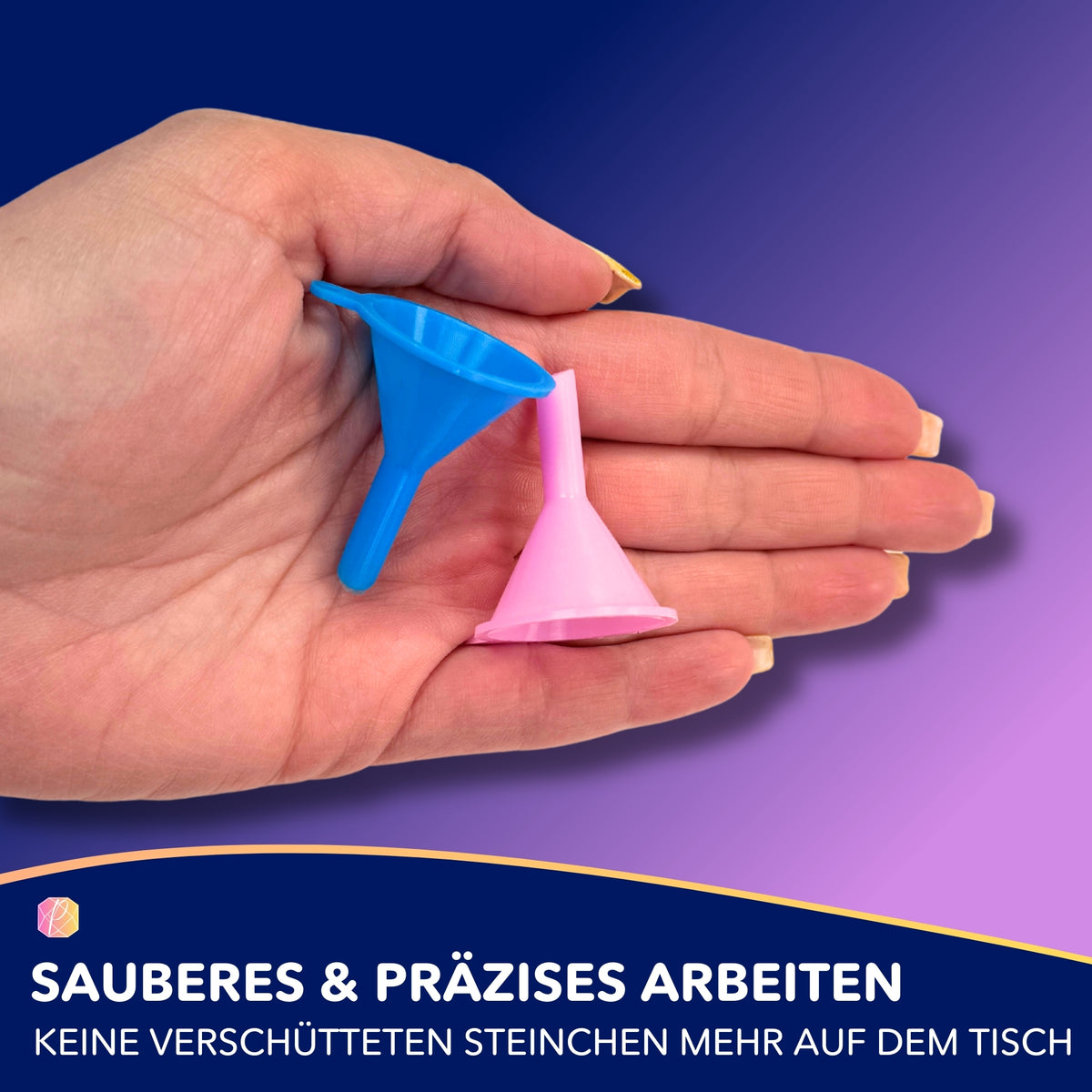 Mini-Trichter Set in Blau und Pink für Diamond Painting Steine zum präzisen Abfüllen in Aufbewahrungsdosen.