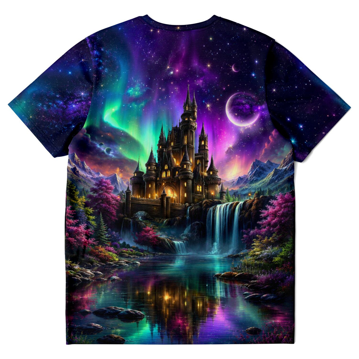 T-Shirt mit magischem Schloss-Motiv, Polarlichtern, Wasserfall und Sternenhimmel im Stil von DIY-Kunstwerken.