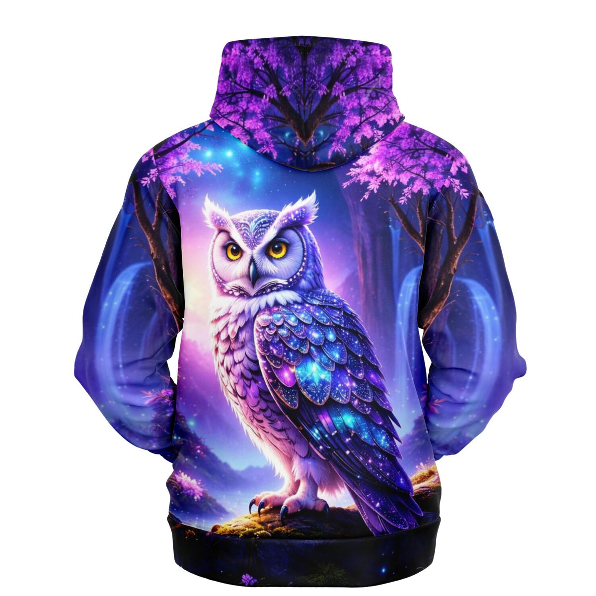 Dreamer Hoodie Hüterin der Dämmerung mit Eulen-Motiv im Fantasy-Stil in leuchtenden Lila- und Blautönen