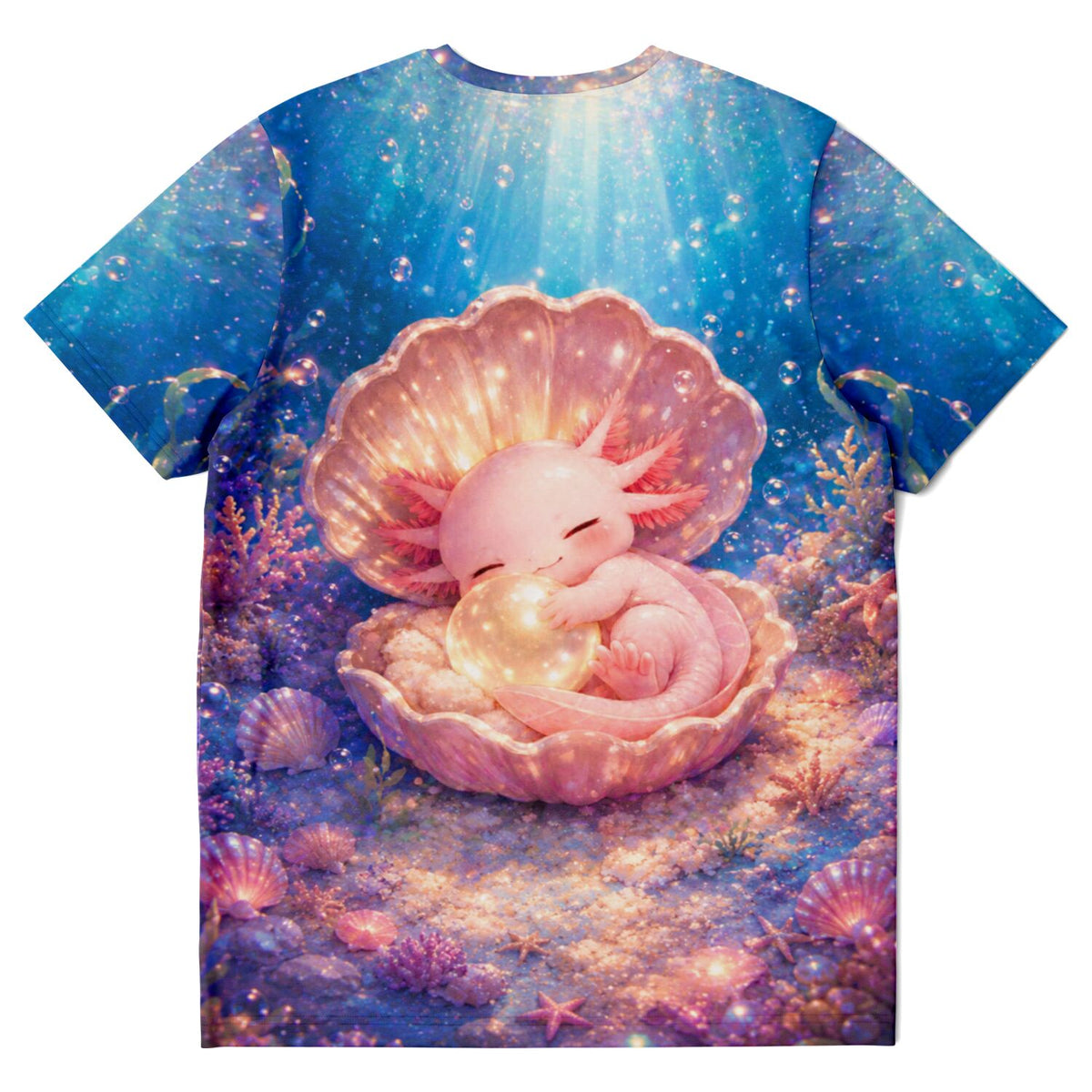 T-Shirt mit Axolotl Little Hugs Motiv in einer Muschel, ideal für Fans von Diamond Painting und Malen nach Zahlen
