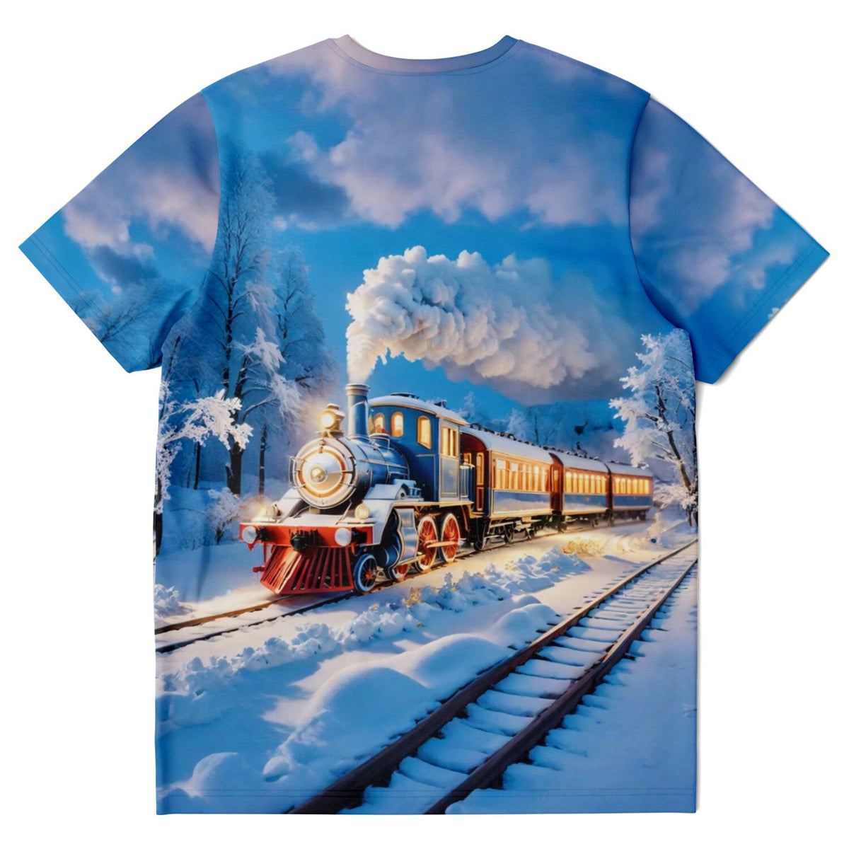 T-Shirt mit Night Train Motiv, winterliche Dampflokomotive in verschneiter Landschaft wie bei Diamond Painting Kunst