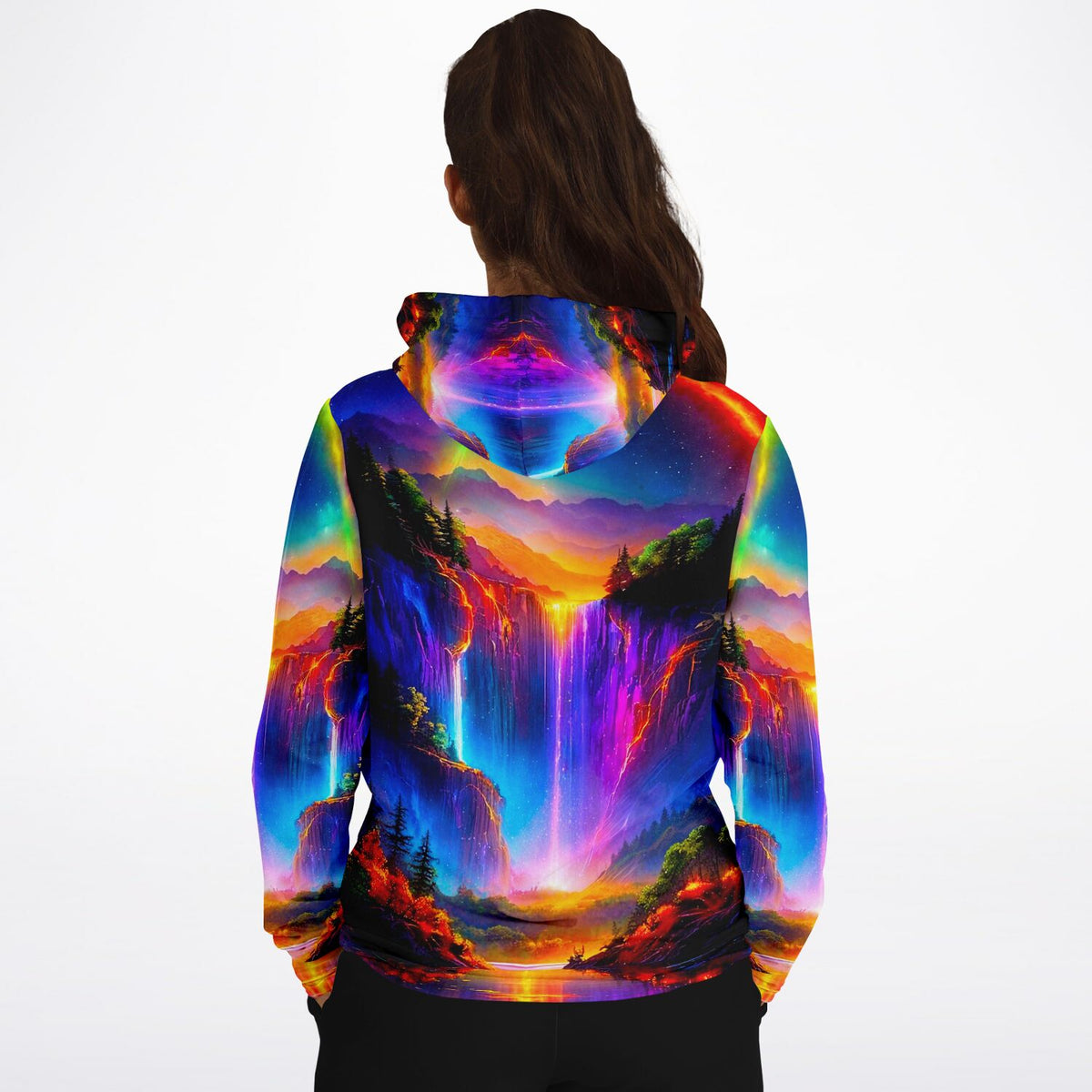 Hoodie mit leuchtendem Wasserfall-Motiv in bunten Neonfarben, inspiriert von Malen nach Zahlen Kunstwerken