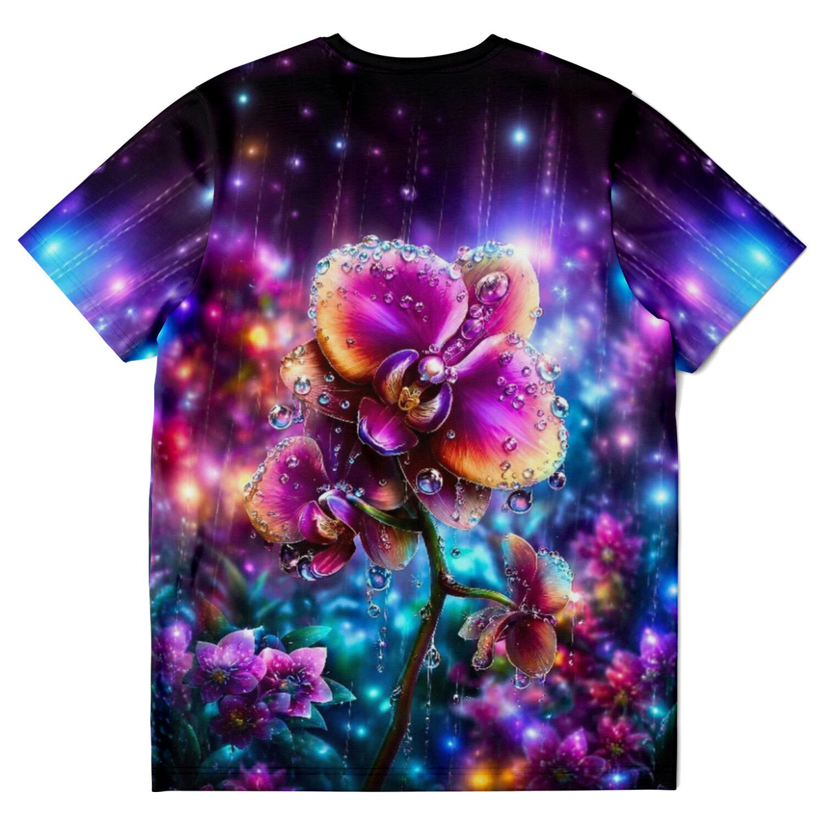Dreamer T-Shirt mit leuchtendem Regenkuss-Motiv, bunte Orchidee im Regen, floraler Print im Stil von Diamond Painting